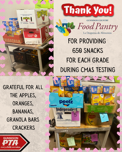 Two carts stacked with boxes of snacks, labeled for the Gunnison Food Pantry, thanking them for 650 snacks per grade level.