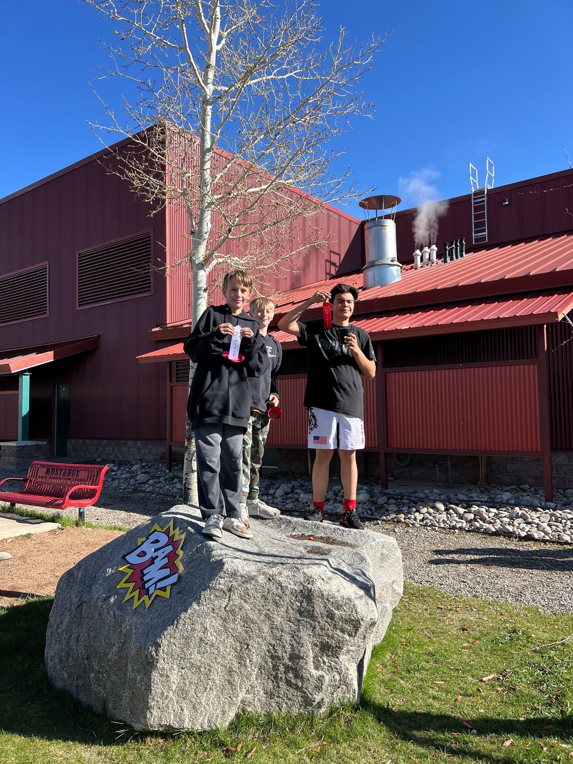 Two boys are standing on top of a large rock in front of a building.