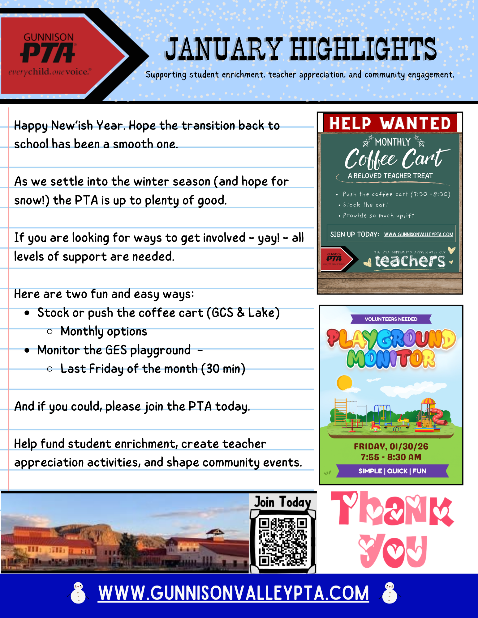 January PTA highlights: coffee cart, playground monitor, thank you message.