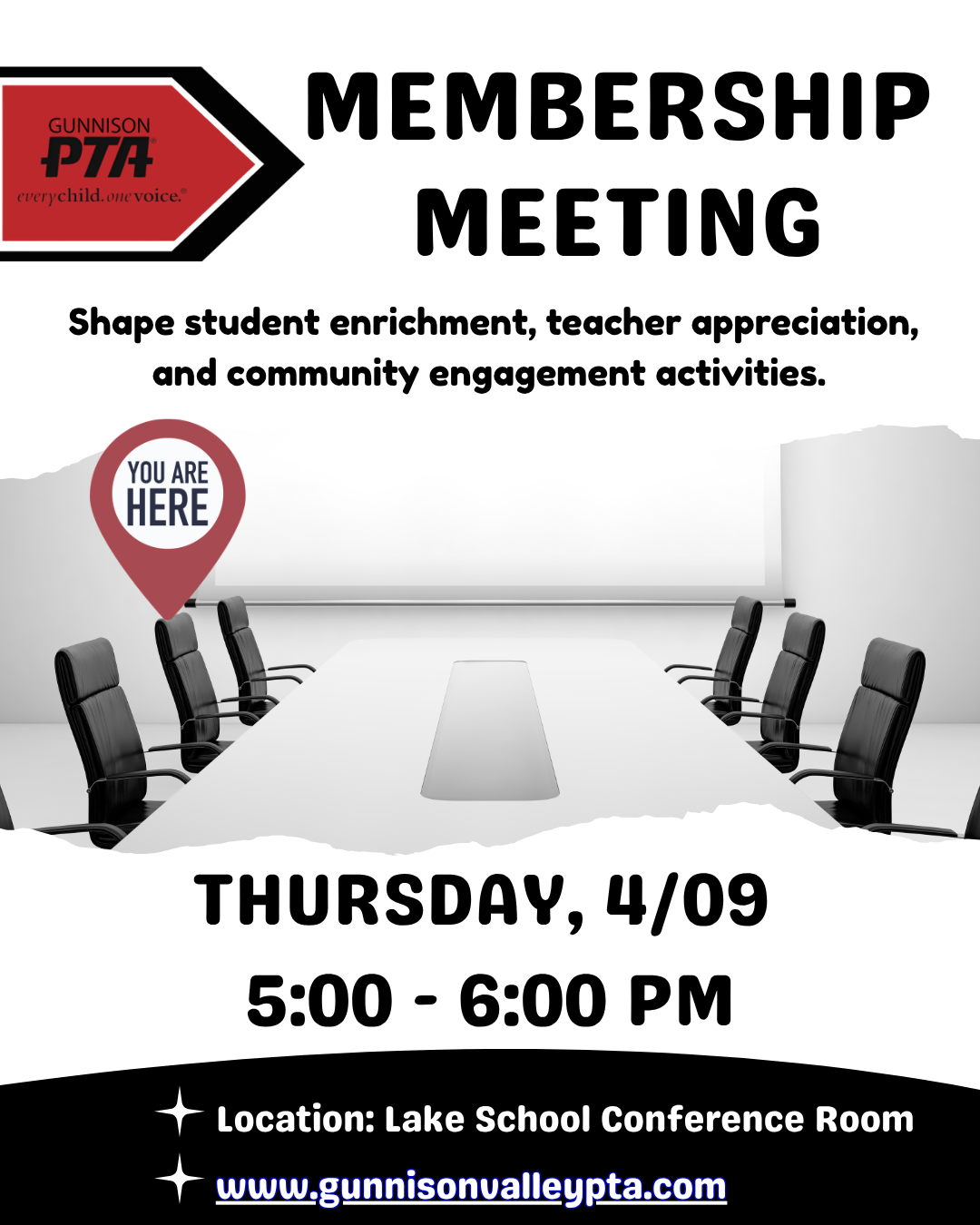 Flyer for a Gunnison Valley PTA membership meeting on Thursday, 4/09 from 5:00-6:00 PM at Lake School Conference Room.