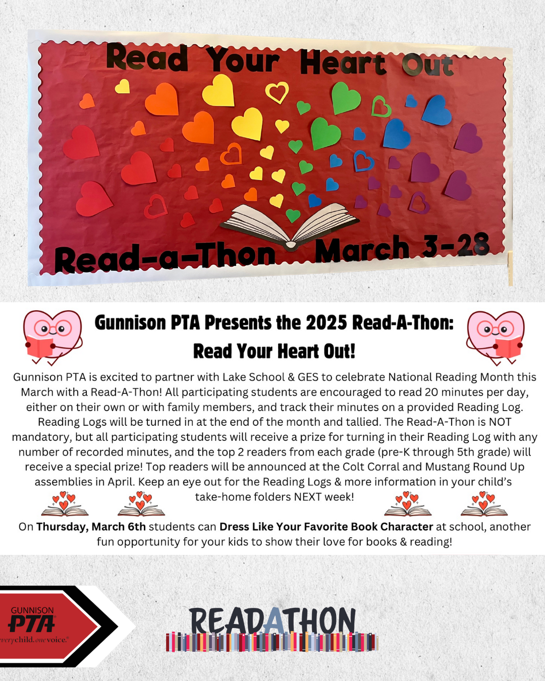 Read-a-thon poster with a heart theme. Reads 