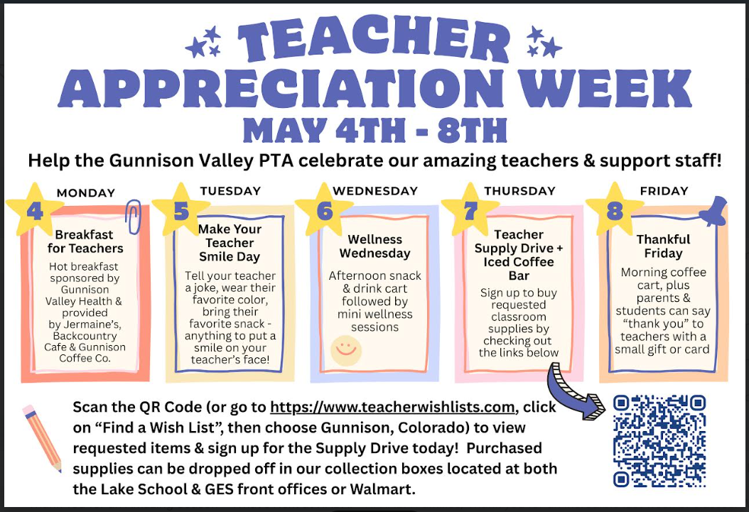 Teacher Appreciation Week poster in blue and gold with notes, flowers, and Spanish text about celebrating teachers.