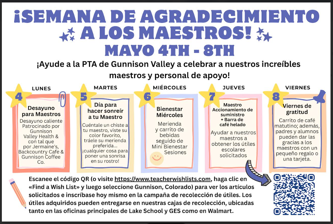 Cartel colorido en español sobre la “Semana de agradecimiento a los maestros” del 4 al 8 de mayo, con actividades diarias.
