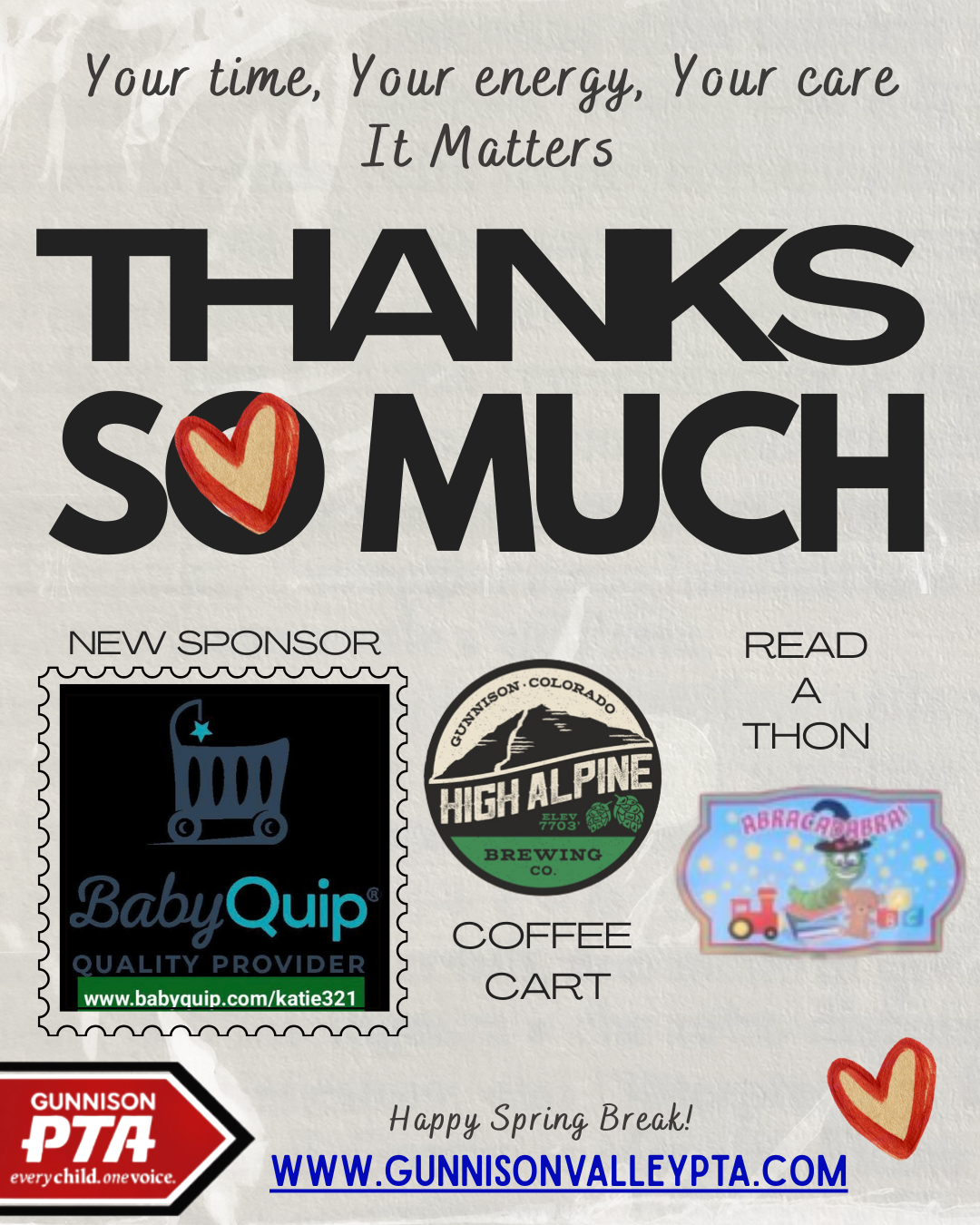 A Gunnison Valley PTA thank you flyer with logos for sponsors BabyQuip and High Alpine Coffee Cart and a Read-a-thon event.