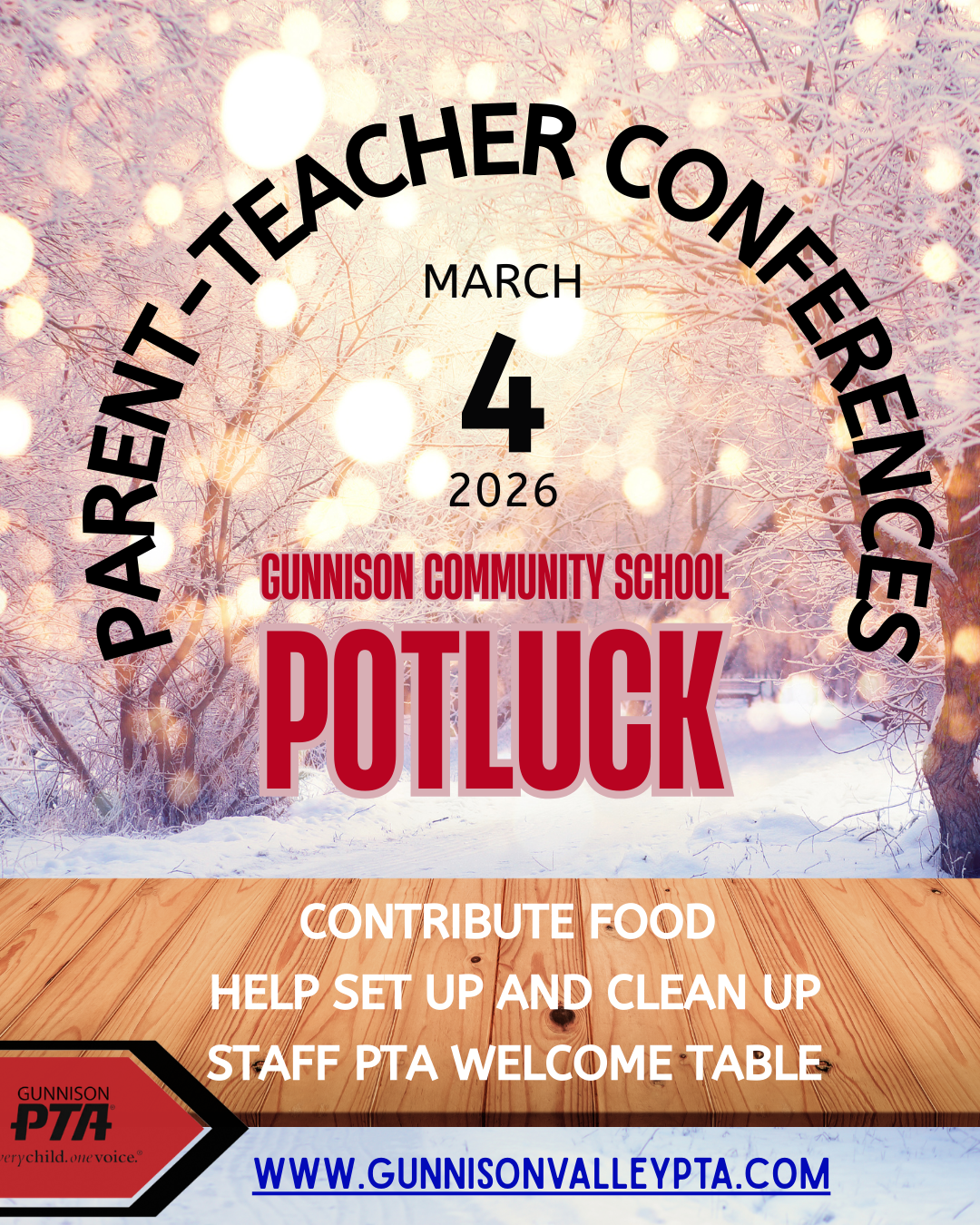 Poster for Parent-Teacher Conferences on March 4, 2026, at Gunnison Community School, with a potluck.