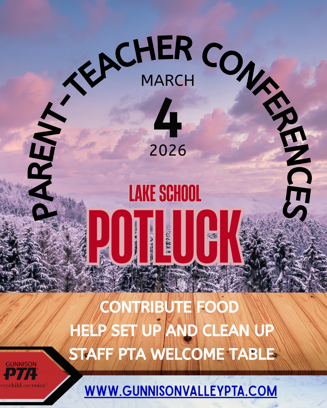 Parent-Teacher Conferences announcement: March 4, 2026, at Lake School. Includes potluck & volunteer opportunities.