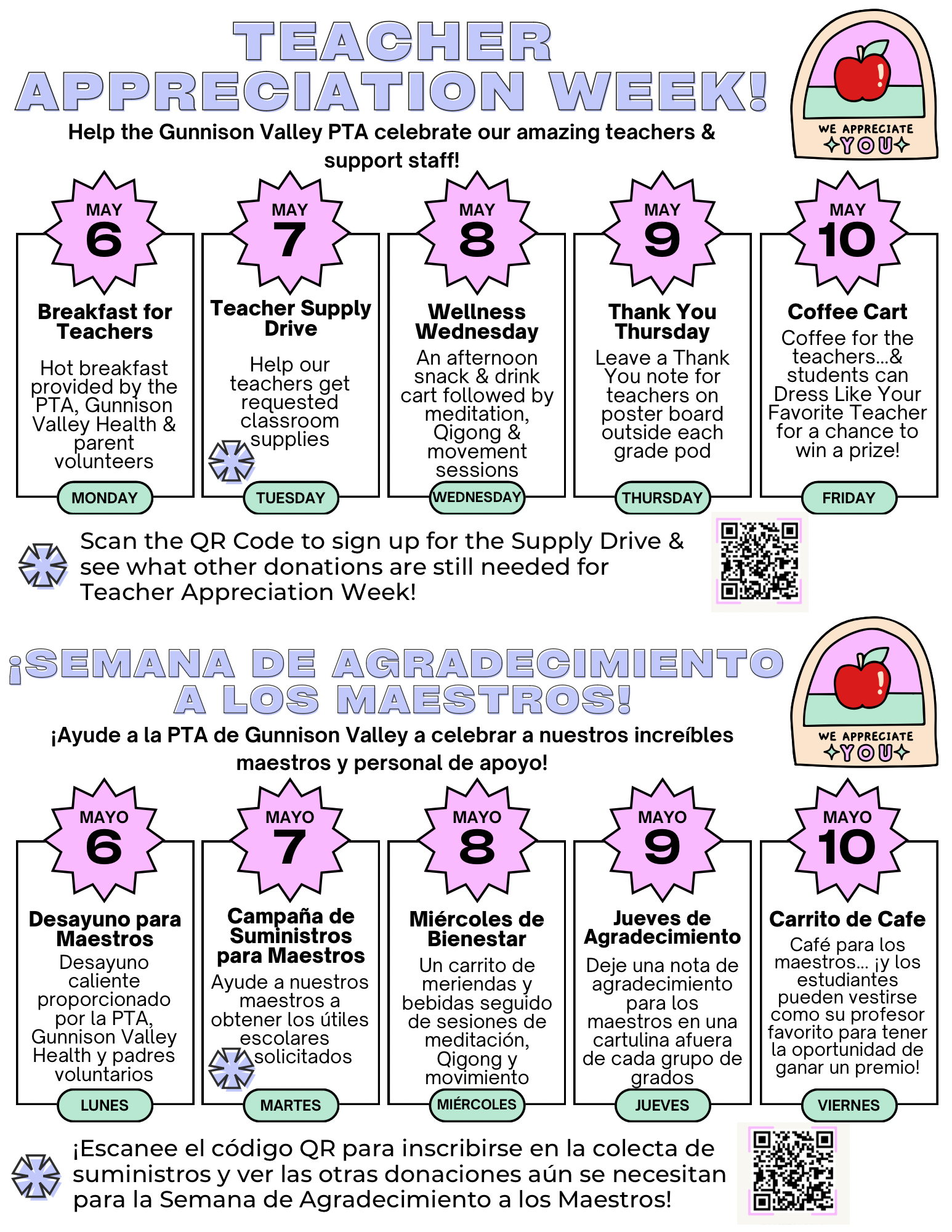 Teacher Appreciation Week flyer with daily themes. Dates, graphics, and a QR code are included.