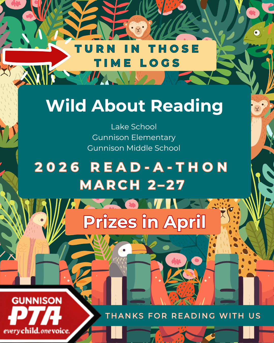 Flyer for a PTA meeting on Thursday, 4/09, 5-6 PM, at the Lake School conference room. Visit gunnisonvalleypta.com for info.