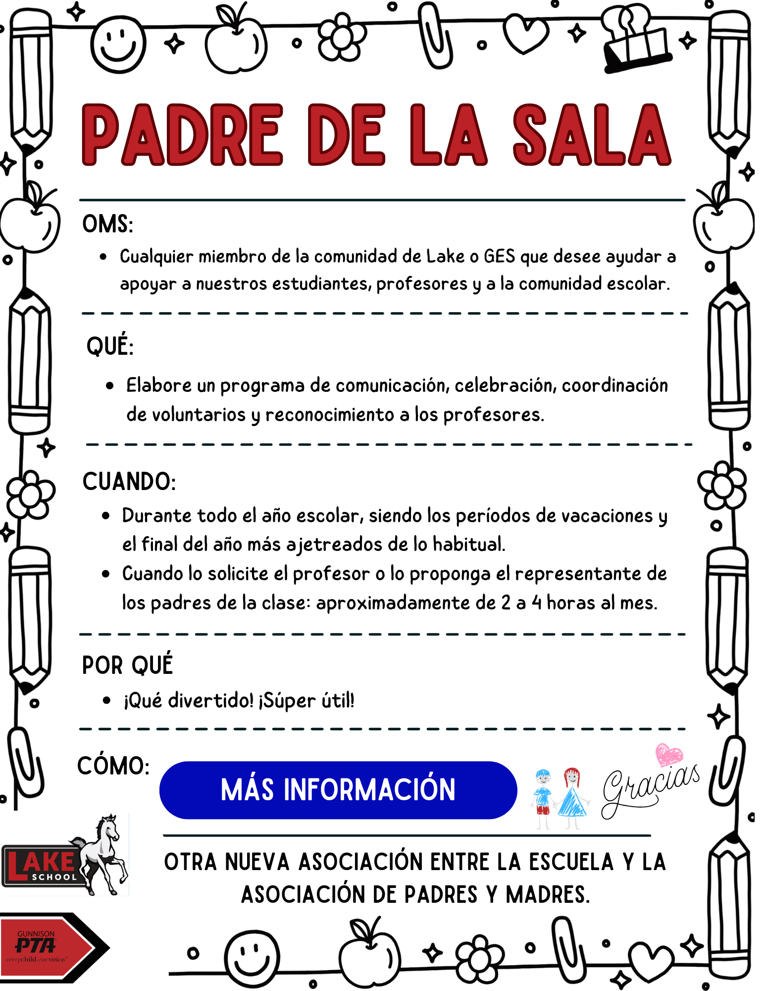 Flyer promoting a classroom parent program. Text in Spanish, details roles, and provides contact information.
