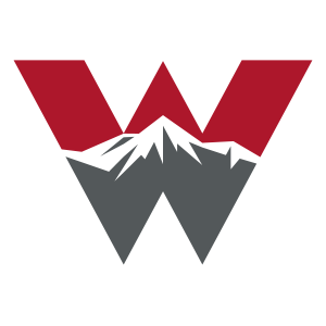 A red and gray logo with a mountain in the middle.