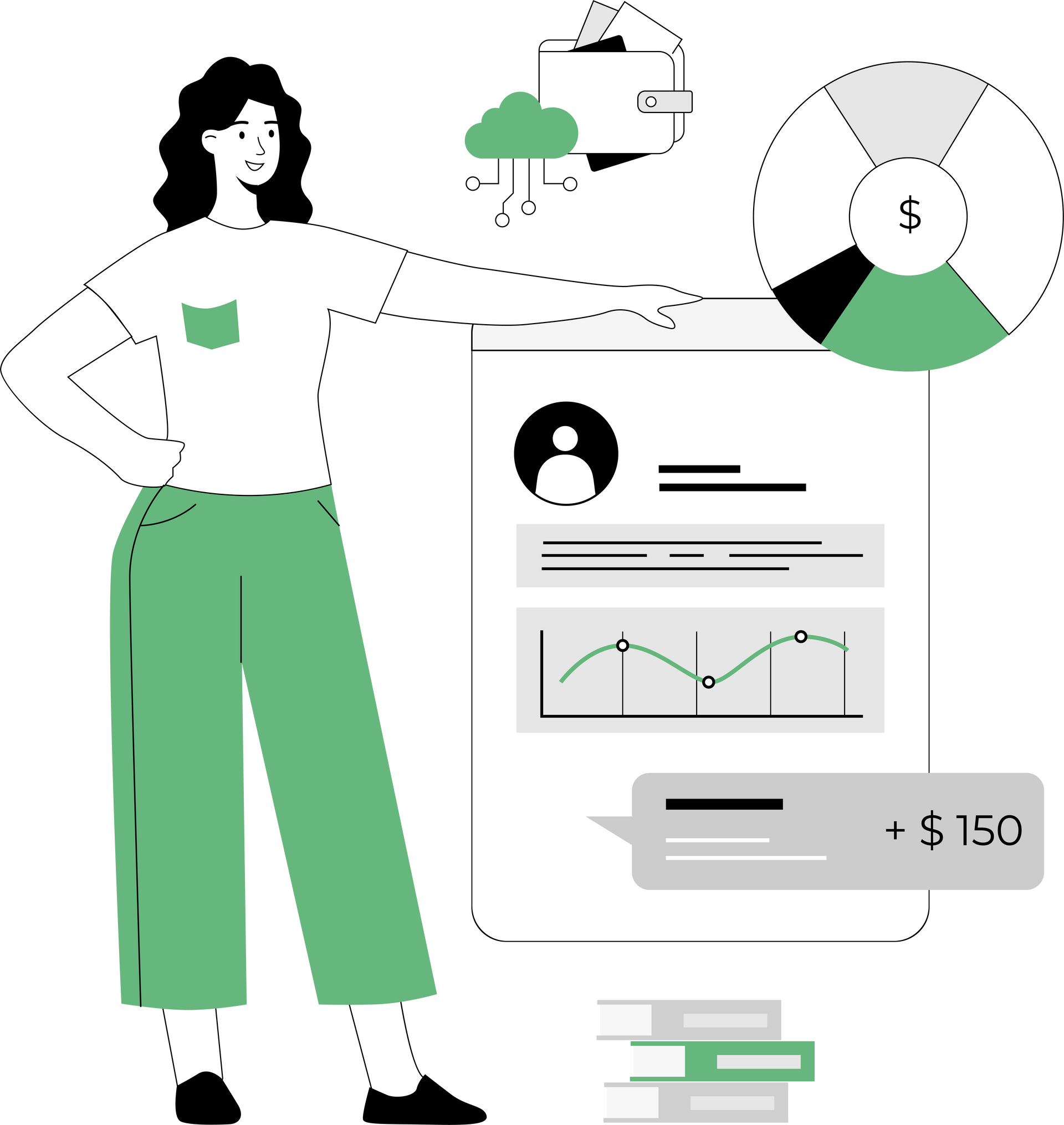 A woman is standing in front of a computer screen with a wallet and a pie chart.