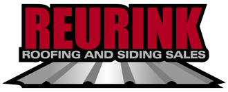 Logo for Reurink Roofing and Siding Sales, with red text on a black background and a metal roof graphic.