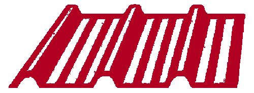 Red roof logo with white vertical stripes.