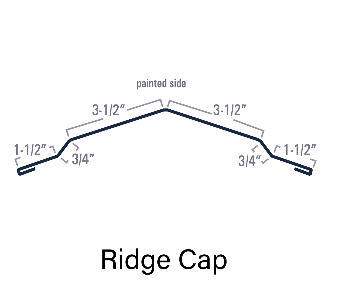 Diagram of a metal ridge cap profile. It's V-shaped with labeled dimensions, for roofing.