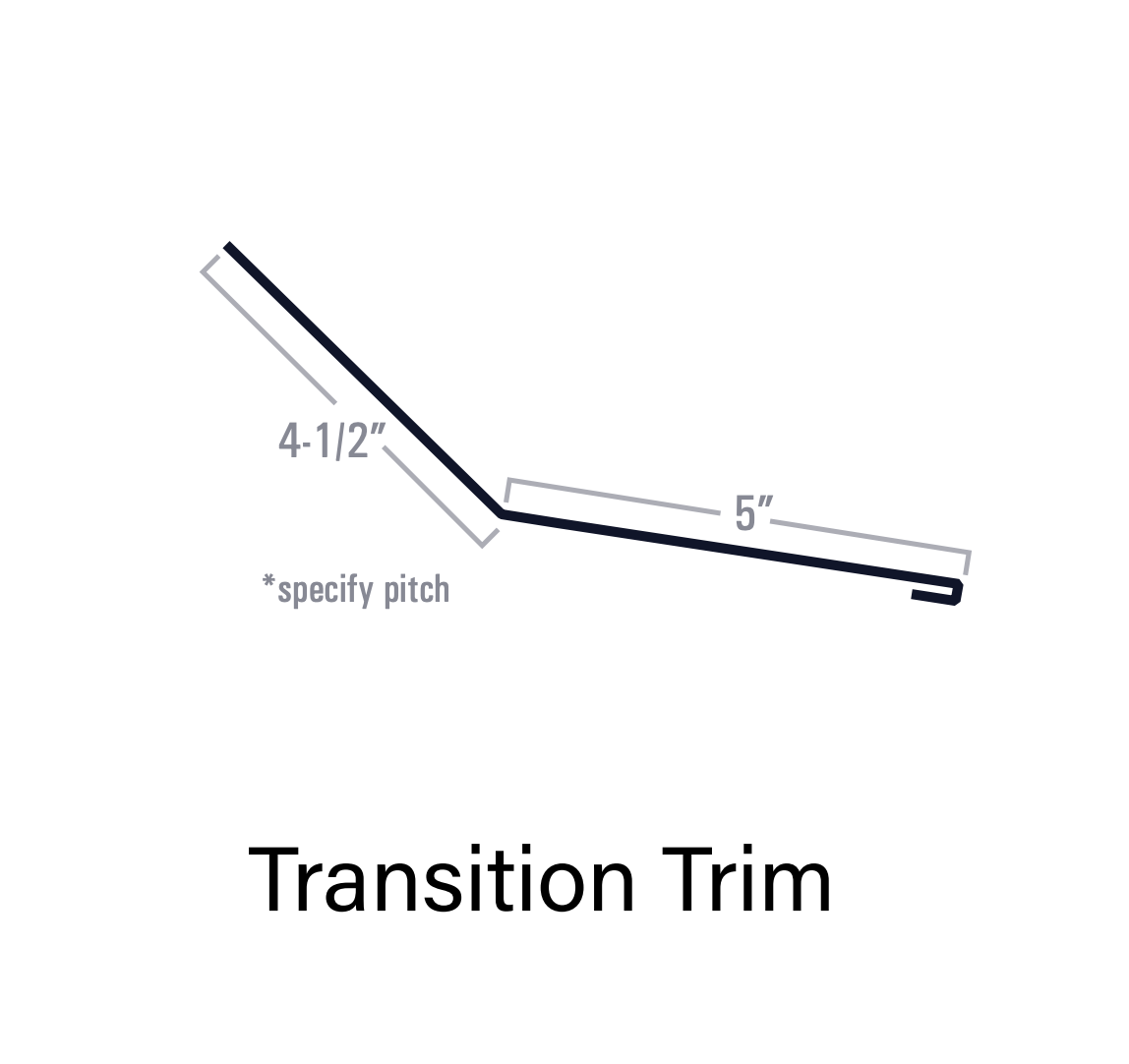 Diagram of a black metal transition trim piece with dimensions labeled; 4-1/2