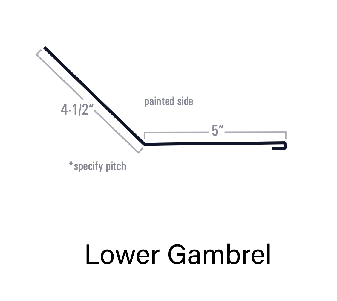 Diagram of lower gambrel flashing with dimensions. Black lines show the bent shape and measurements.