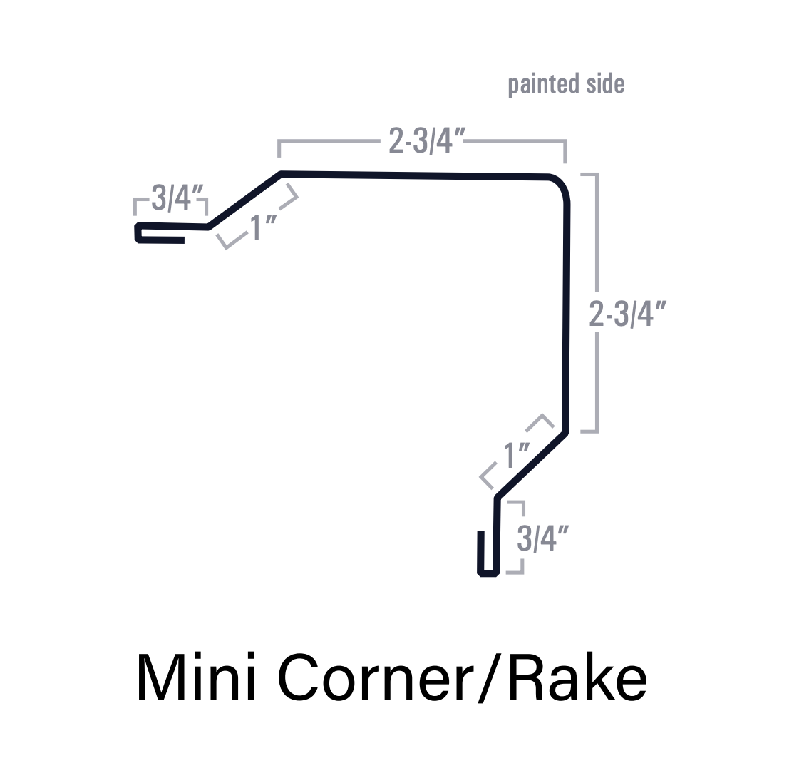 Diagram of a mini corner/rake profile showing measurements: 2-3/4