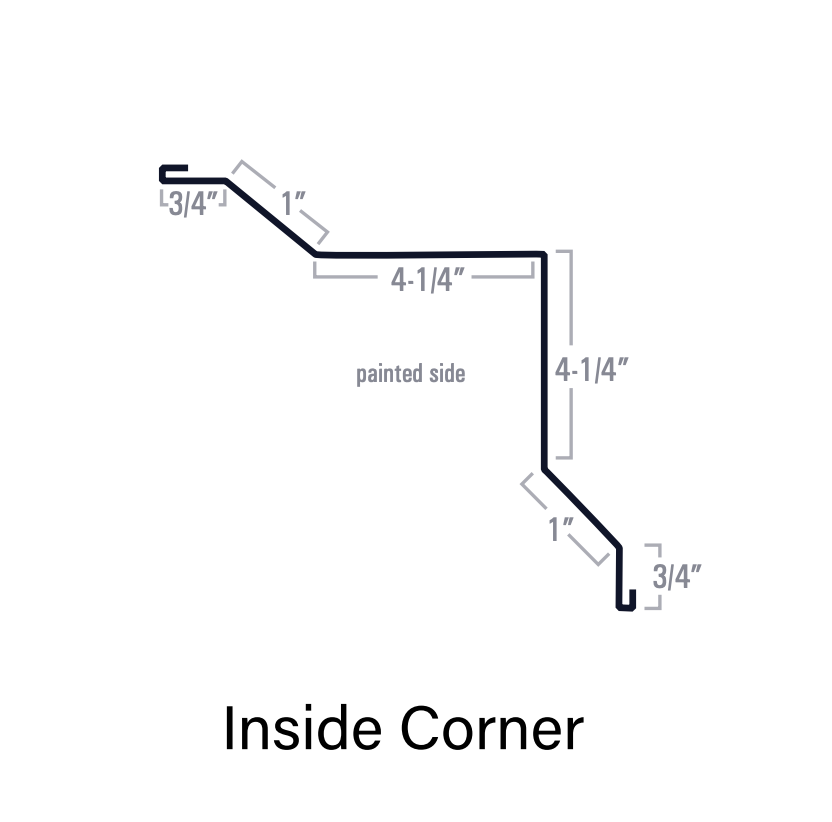 Diagram of an inside corner flashing piece with labeled dimensions for installation.