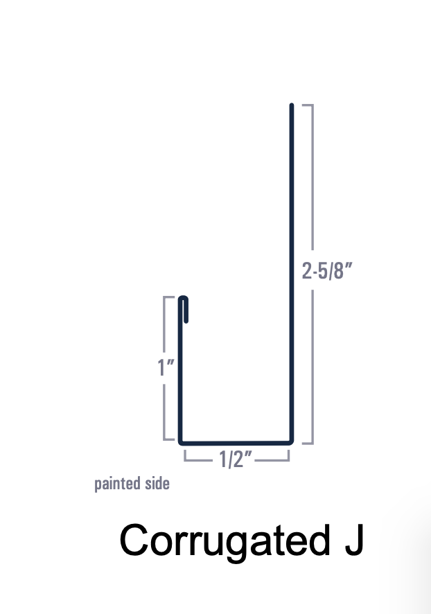 Diagram of a corrugated J-shaped metal profile with dimensions labeled in inches.