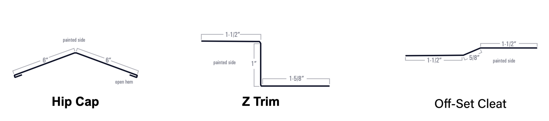 Diagrams of Hip Cap, Z Trim, and CH-Se: Clust roof flashing profiles.