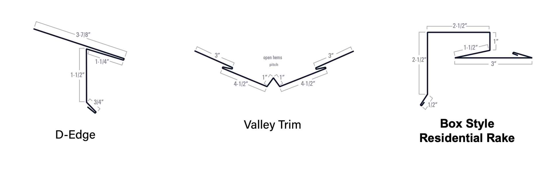 Diagrams of roofing trim profiles: D-edge, valley trim, and box style nonresidential rake.