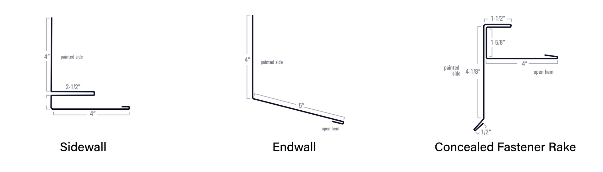 Three architectural cross-section diagrams labeled Sidewall, Endwall, and Concealed Fastener Rake.