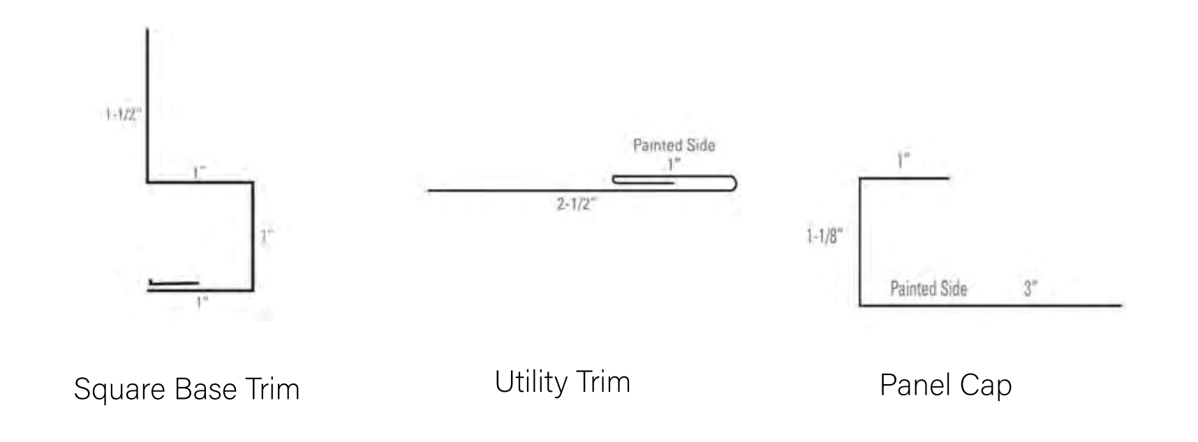 Diagrams of square base trim, utility trim, and panel cap, with labeled dimensions.