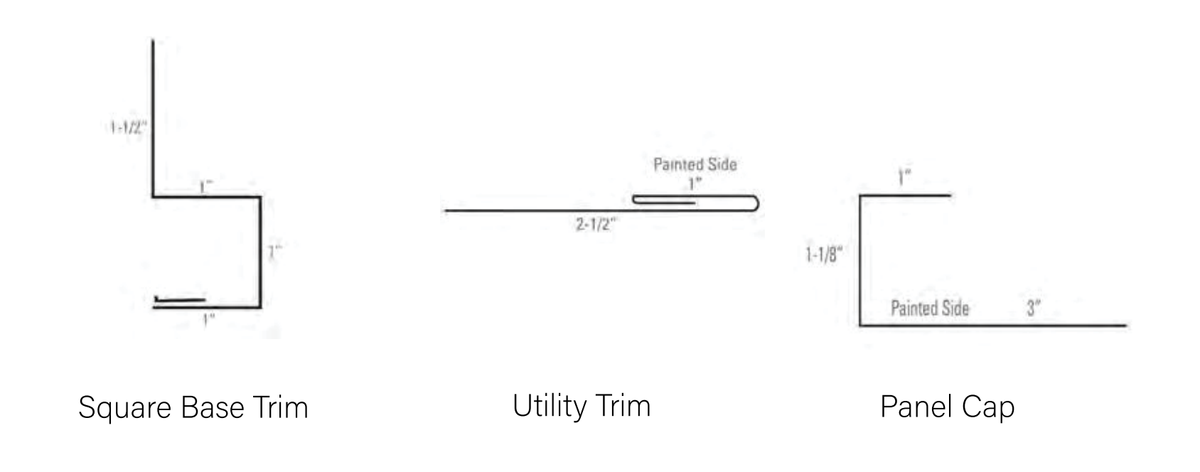 Diagrams of three metal trim profiles: Square Base Trim, Utility Trim, and Pare Cap, with measurements labeled.