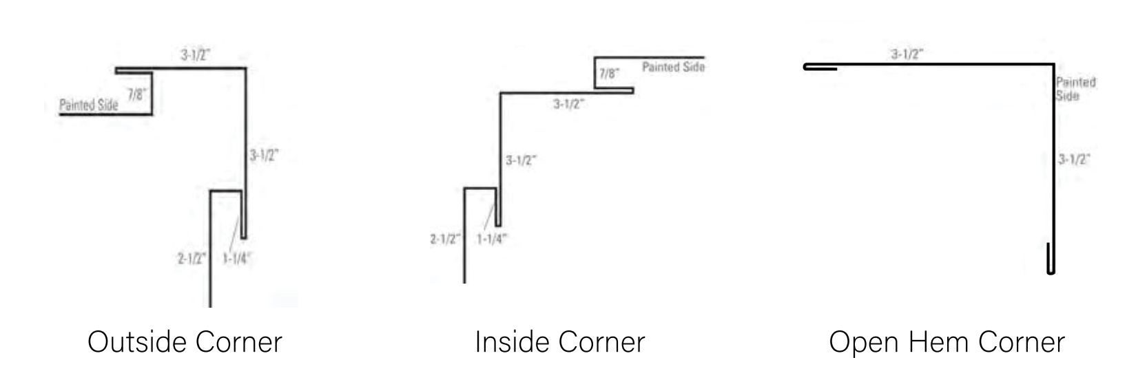 Diagrams illustrating outside, inside, and open-hem corner profiles, with measurements in inches.