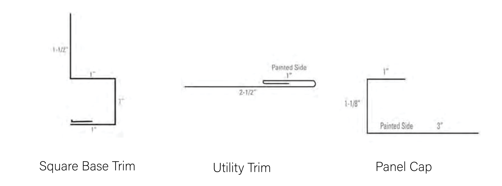 Diagrams of three metal trim profiles: Square Base Trim, Utility Trim, and Panel Case, with labeled dimensions.