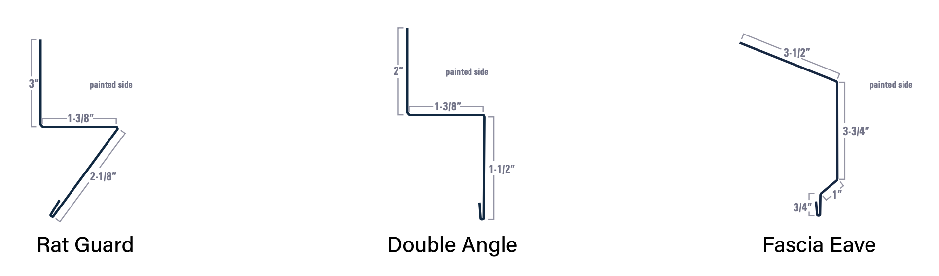 Diagrams of metal flashing profiles: Flat Guard, Double Angle, and Fascia Eave, with labeled dimensions.