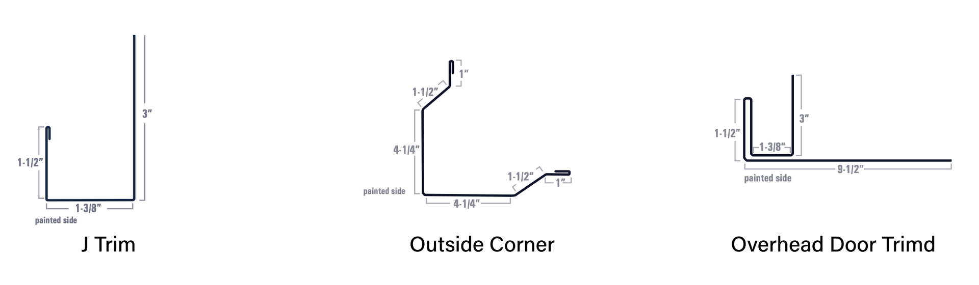 Diagrams of J-trim, outside corner, and overhead door trim profiles, labeled with dimensions.