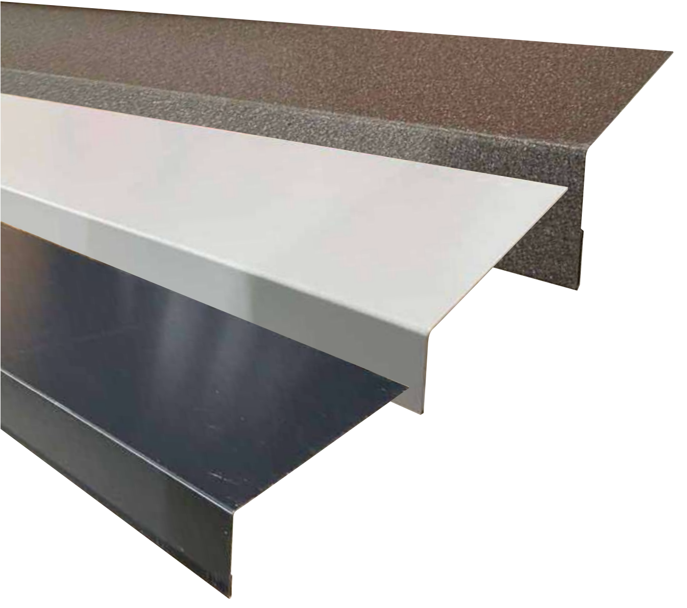 Three metal flashing samples in gray, white, and brown with a foam backing.