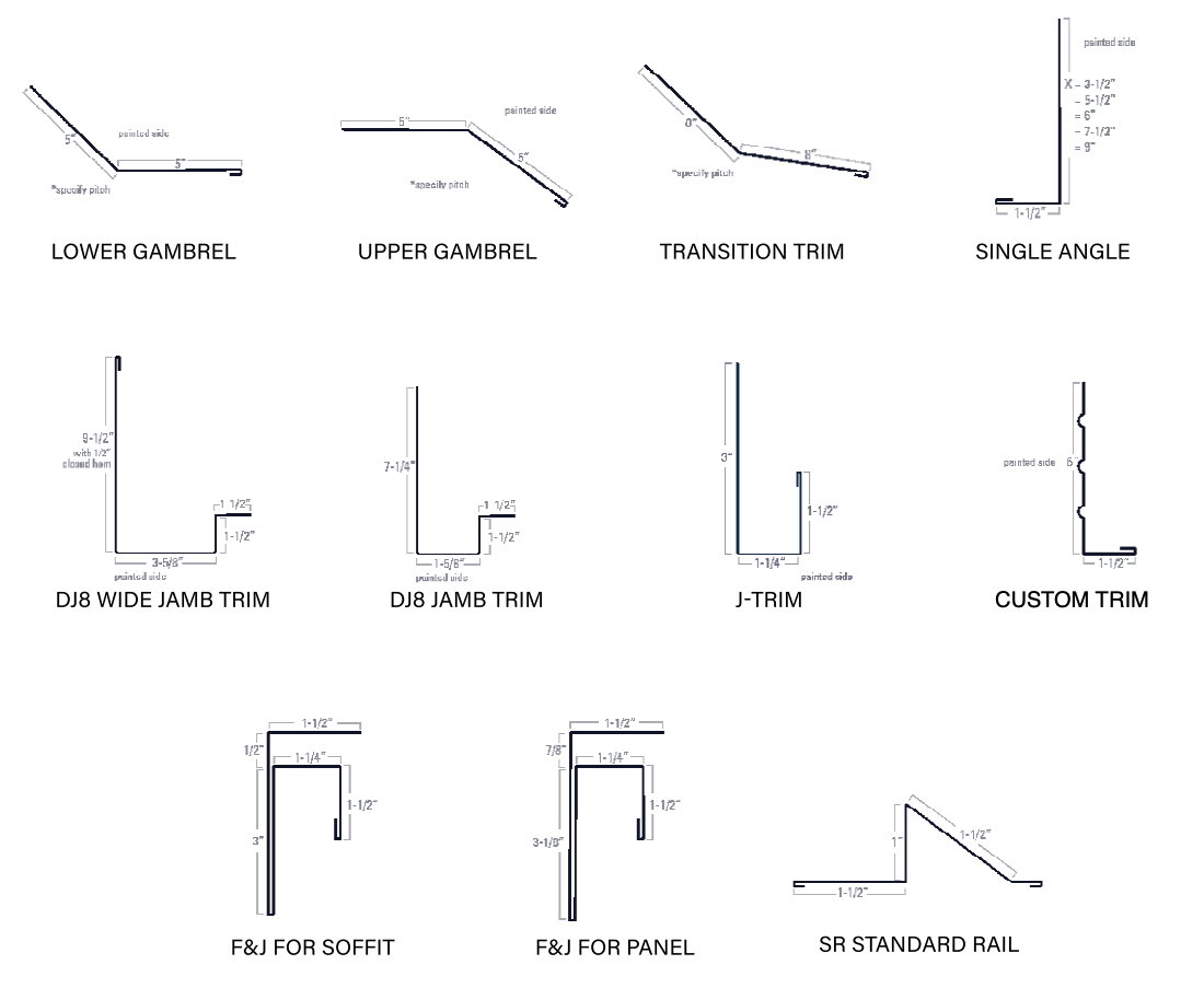 Diagram of different metal flashing profiles with labels.