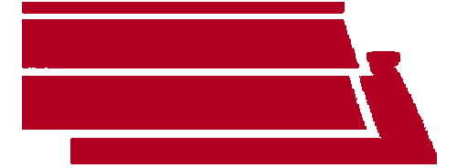 Red geometric emblem with horizontal rectangles and an angled, upright shape on the right.
