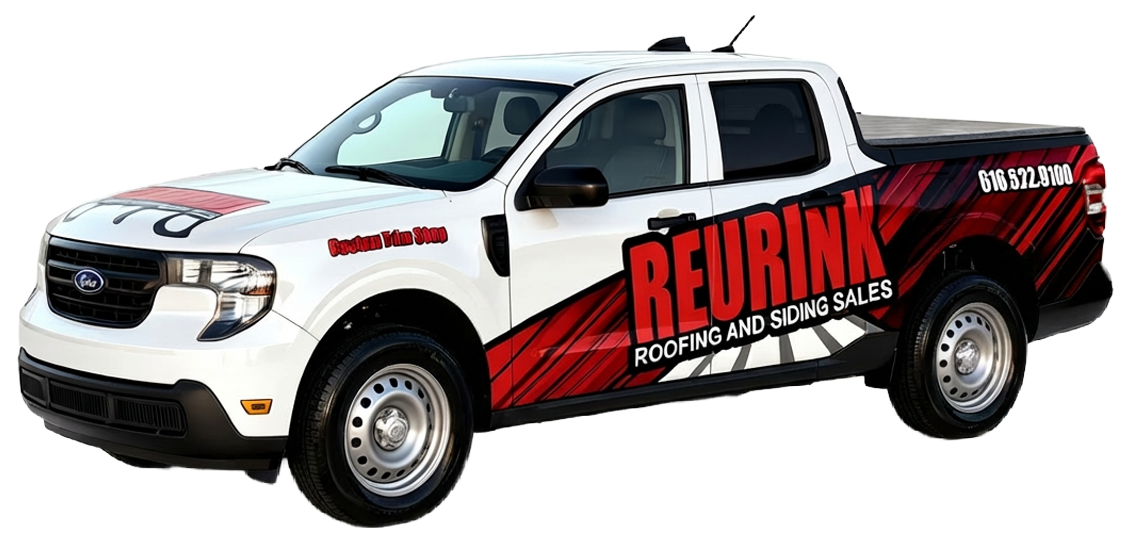 White pickup truck with red and black graphics; 