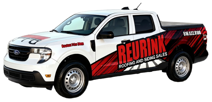 White pickup truck with red and black graphics; 