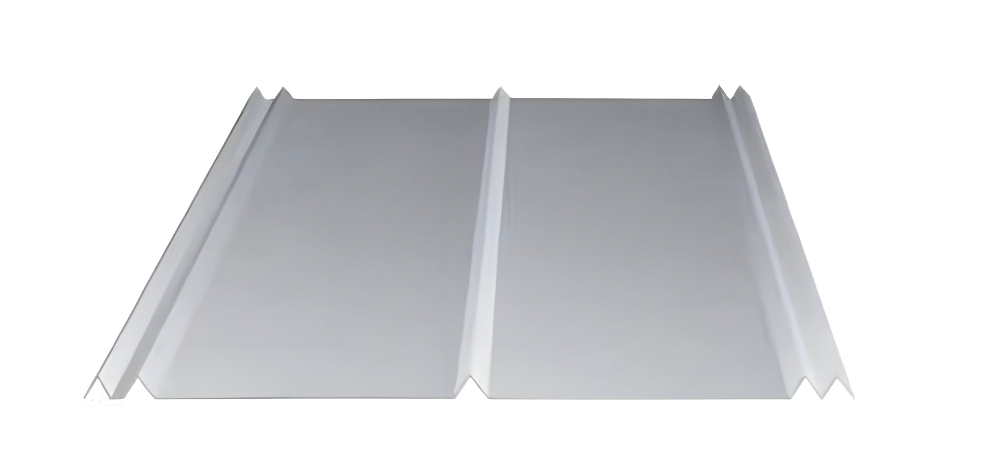 Gray metal roofing panel, angled with ridges and valleys.