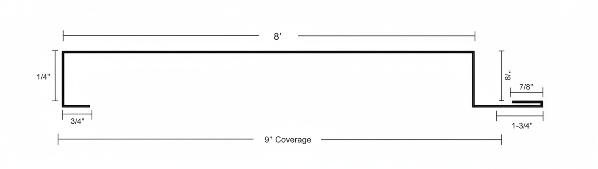 Diagram of a metal profile with dimensions labeled in inches.
