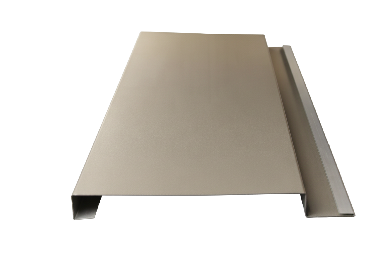 Beige metal siding with a stepped profile.