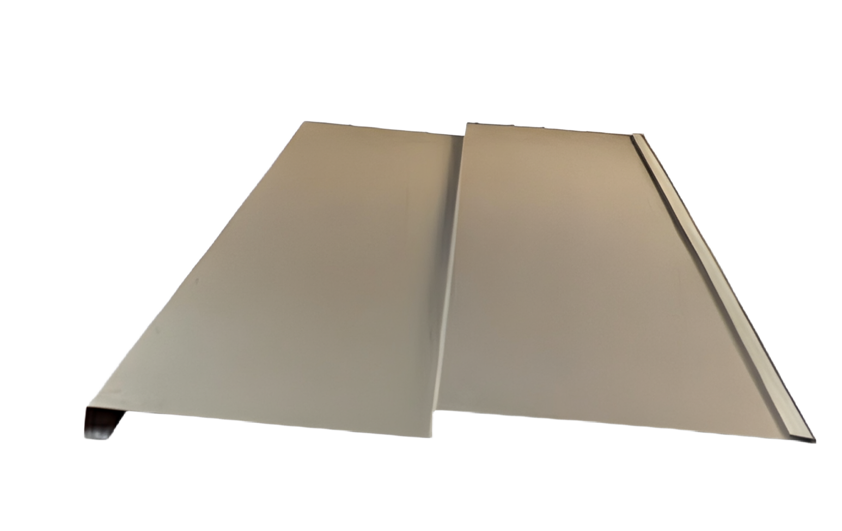 Two metallic-colored metal panels joined together, possibly for siding, with angled surfaces and a folded edge.