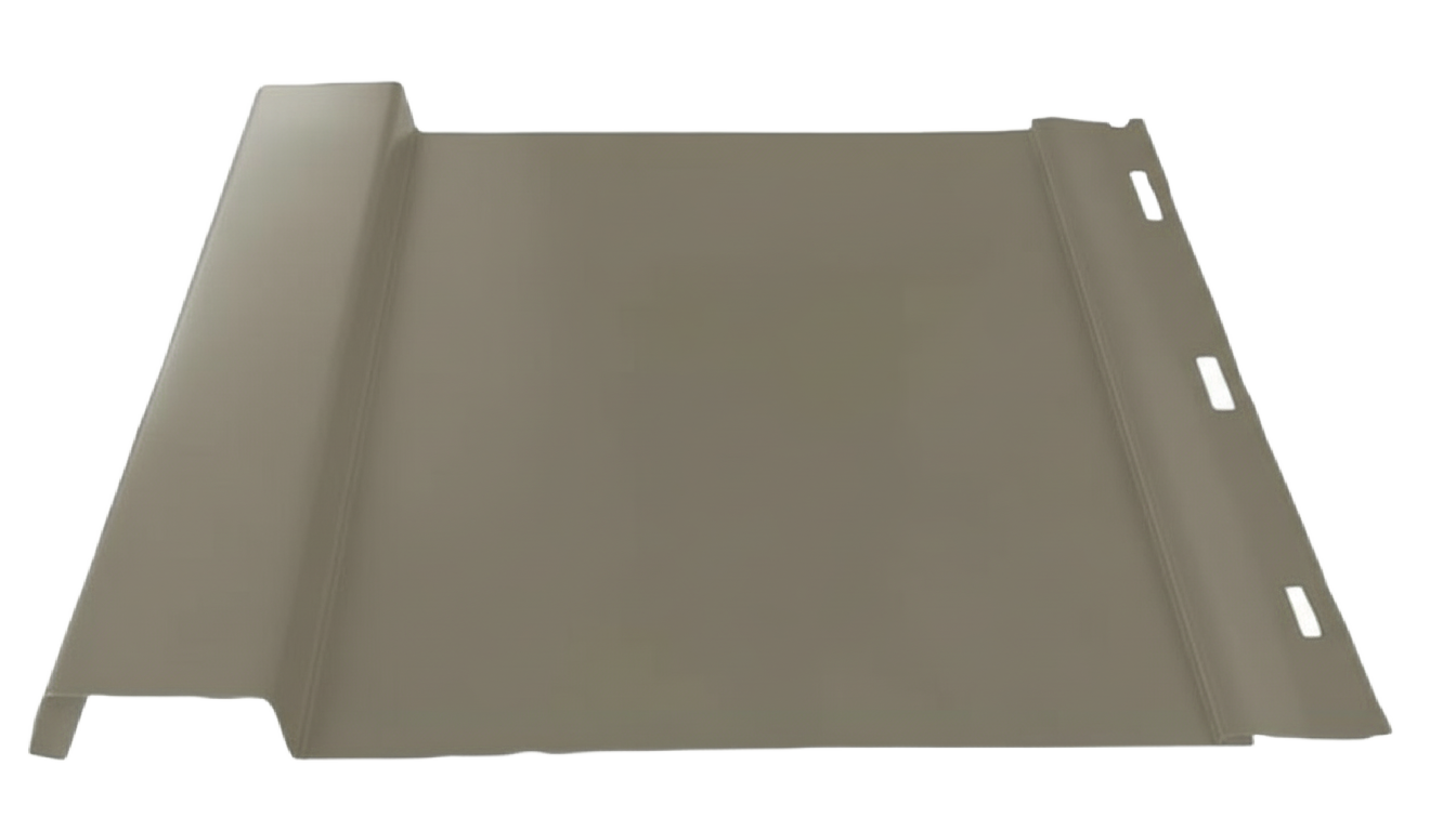 Tan metal siding panel with a beveled edge and slotted nail holes.