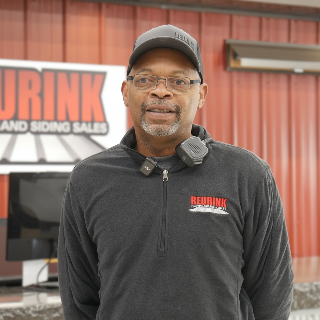 Man wearing glasses, cap, and company sweatshirt, standing in front of a sign that says