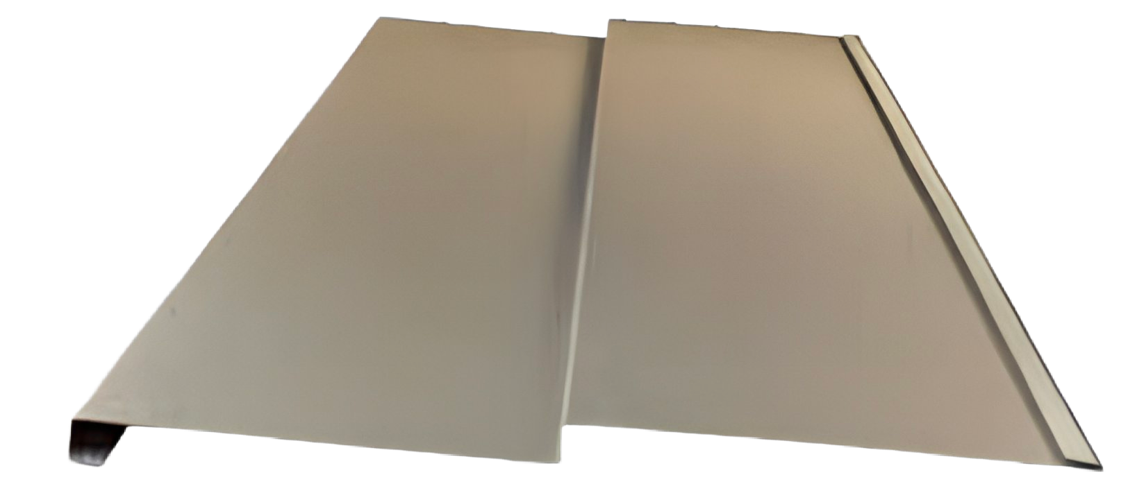 Metal roofing material with angled sides and a folded edge.