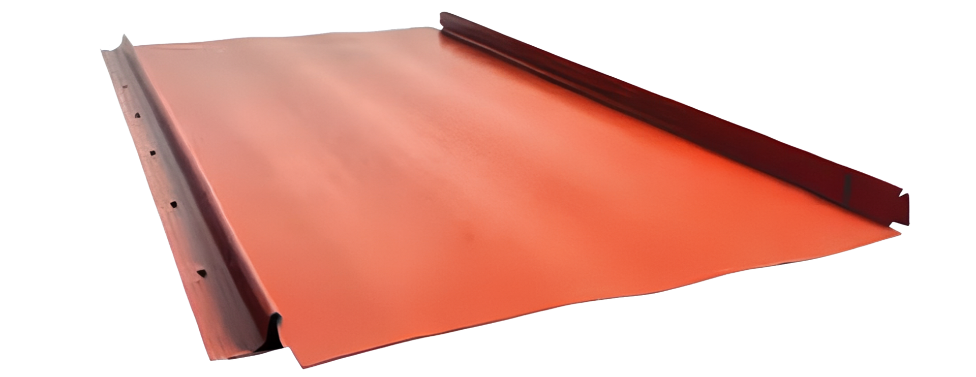 Red metal roofing panel with folded edges, viewed at an angle.