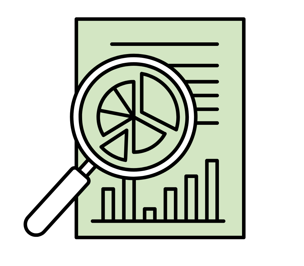 Magnifying glass over a report with a pie chart and a bar graph.