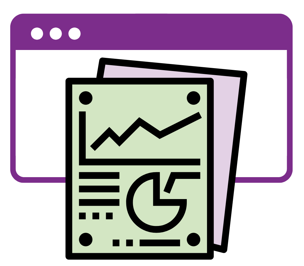 Web browser window behind stacked documents with charts and graphs.