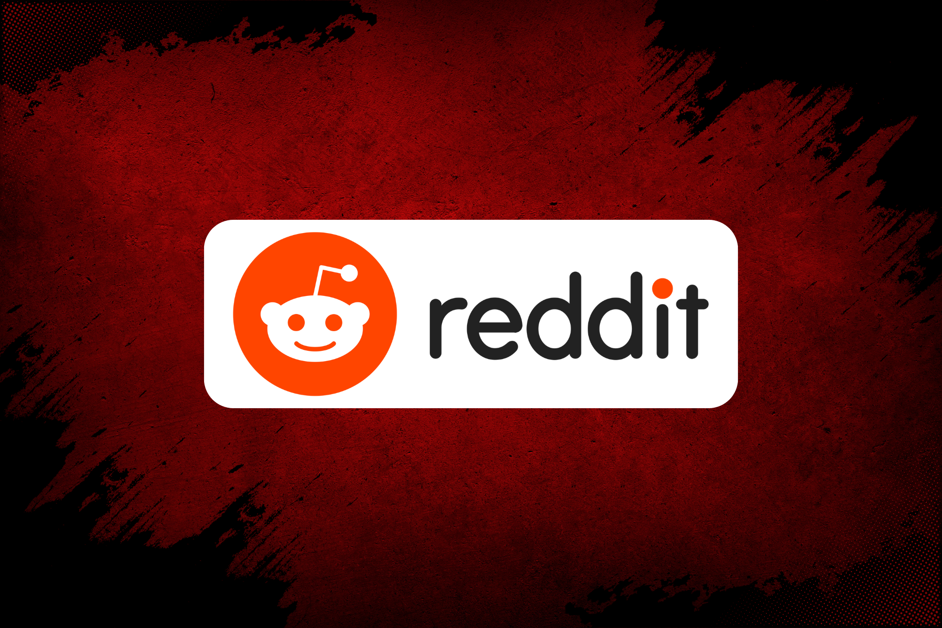 Reddit logo on a white rectangle with a red background. The logo features a stylized orange alien.
