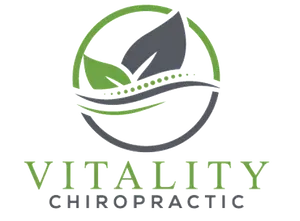 Logo for Vitality Chiropractic: Green and gray leaves, spine graphic, within a circle, with green text below.