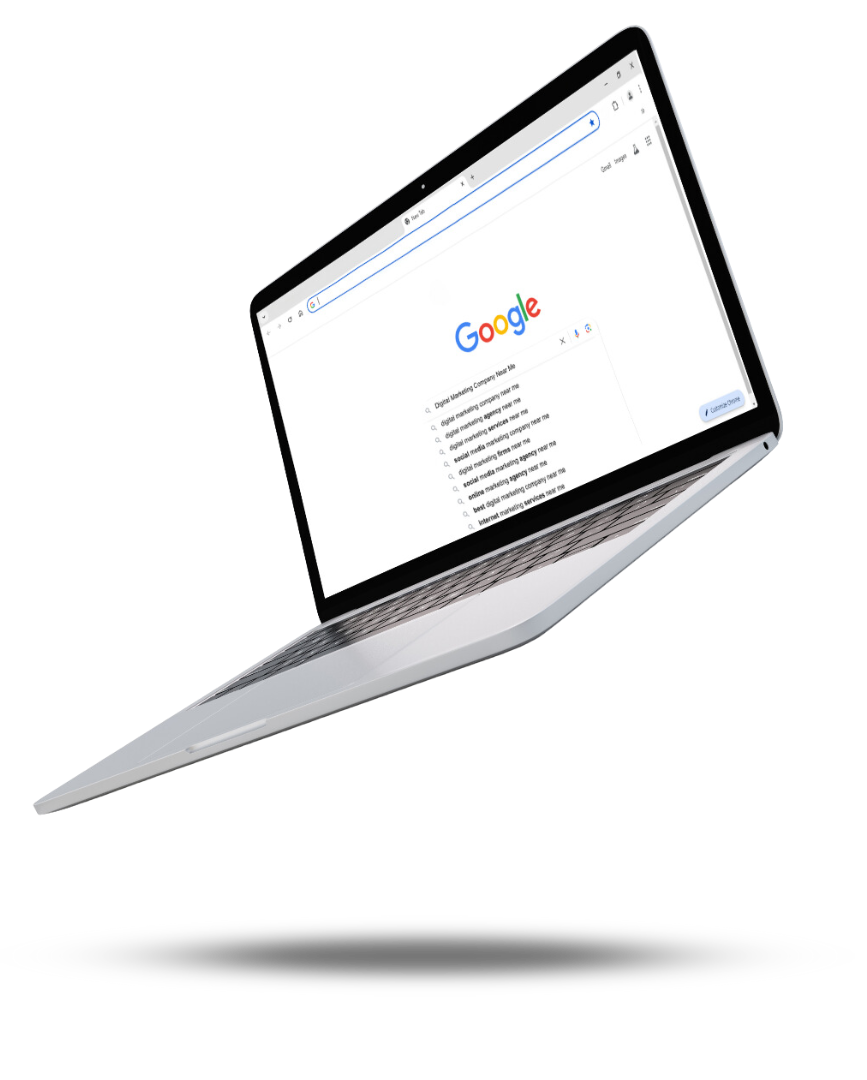 A laptop computer is floating in the air with a google search page on the screen.